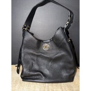 Michael Kors Large Black Pebbled Leather Shoulder Bag Hobo Purse MK Logo See Pic